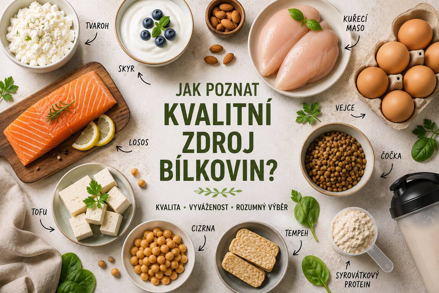 Obrázek s proteiny: tvaroh, tofu, cizrna, tempeh, čočka, vejce, kuřecí maso